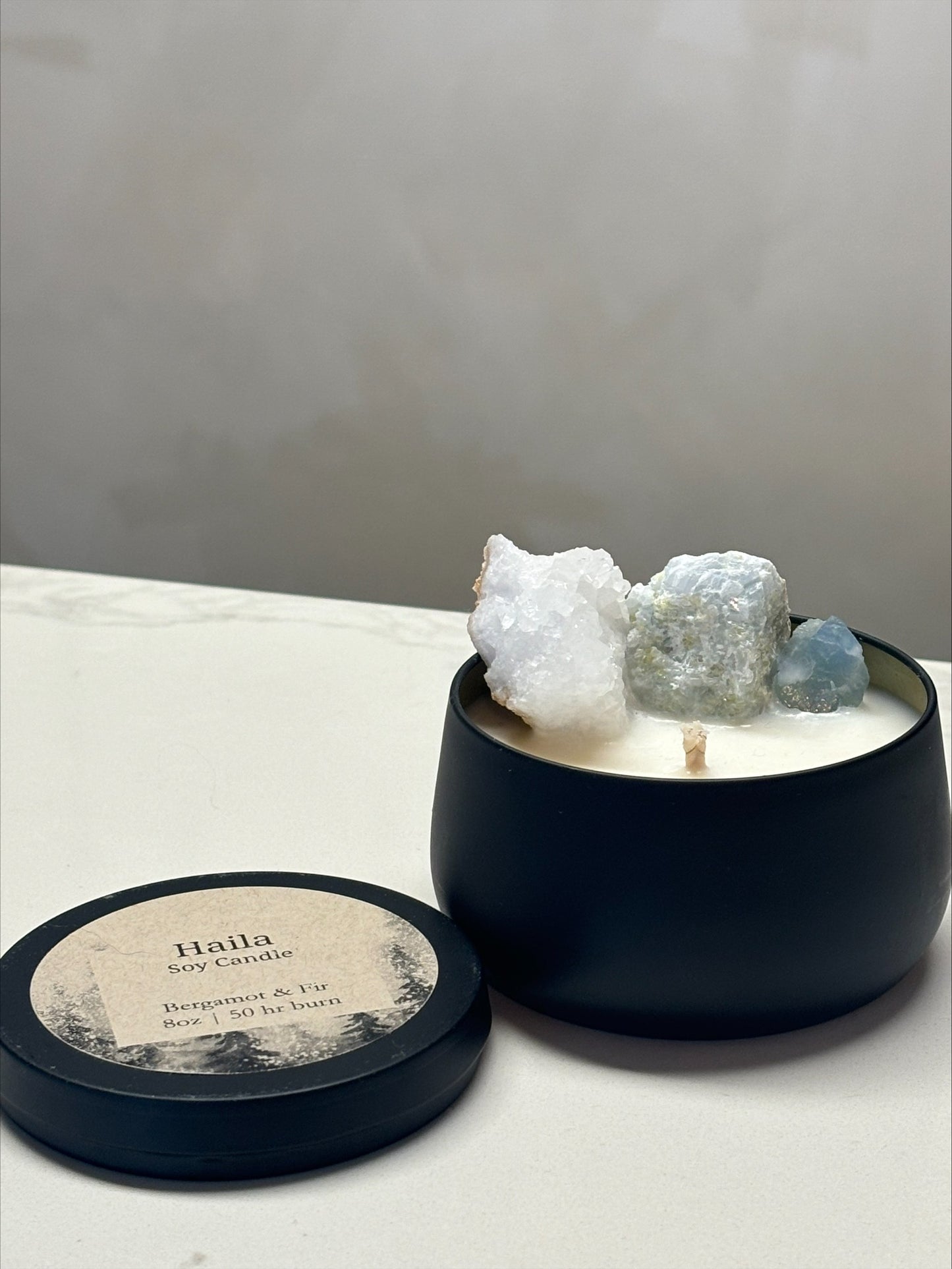 Haila Black Tin Candle with Crystals (bergamot & fir)